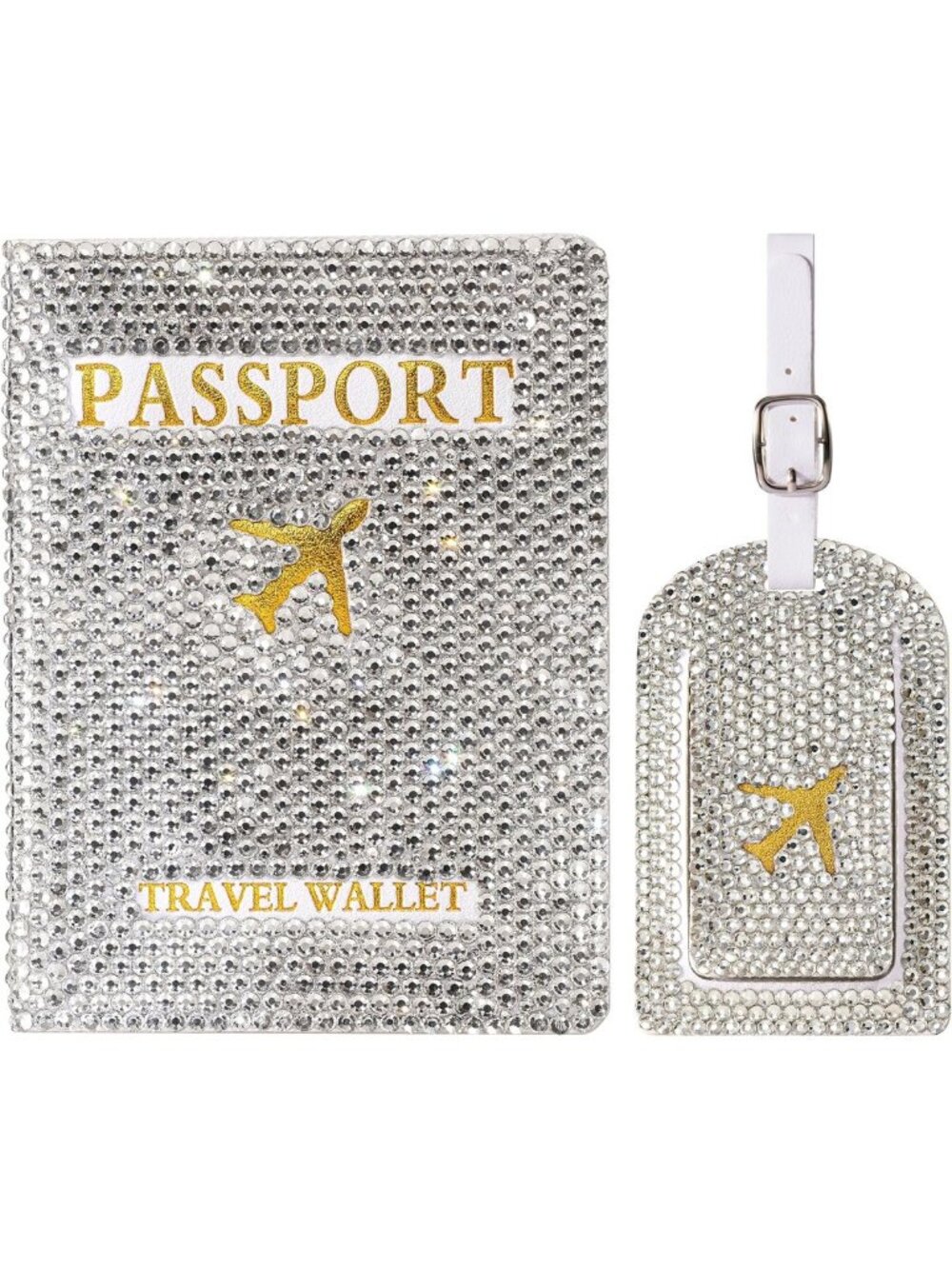 Chic White Bling Passport Holder & Luggage Tag Set for Women - Travel Essentials